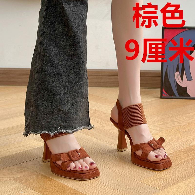 

European and American sexy black sandals women s 2024 summer square head suede stiletto high heels back empty fashion Roman shoes 40
