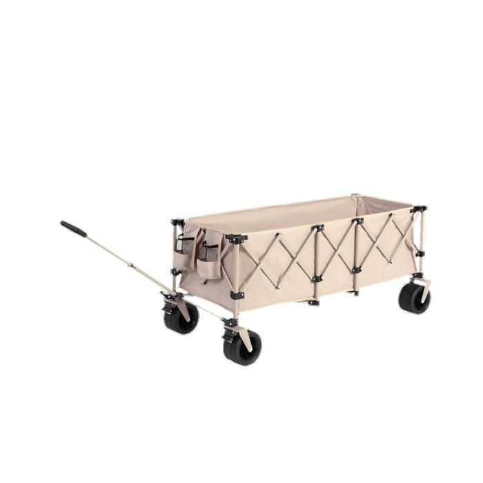 Chariot télescopique pliable, équipé de grands pneus tout-terrain adaptés aux plages de sable et d'un porte-boissons. Couleur beige.