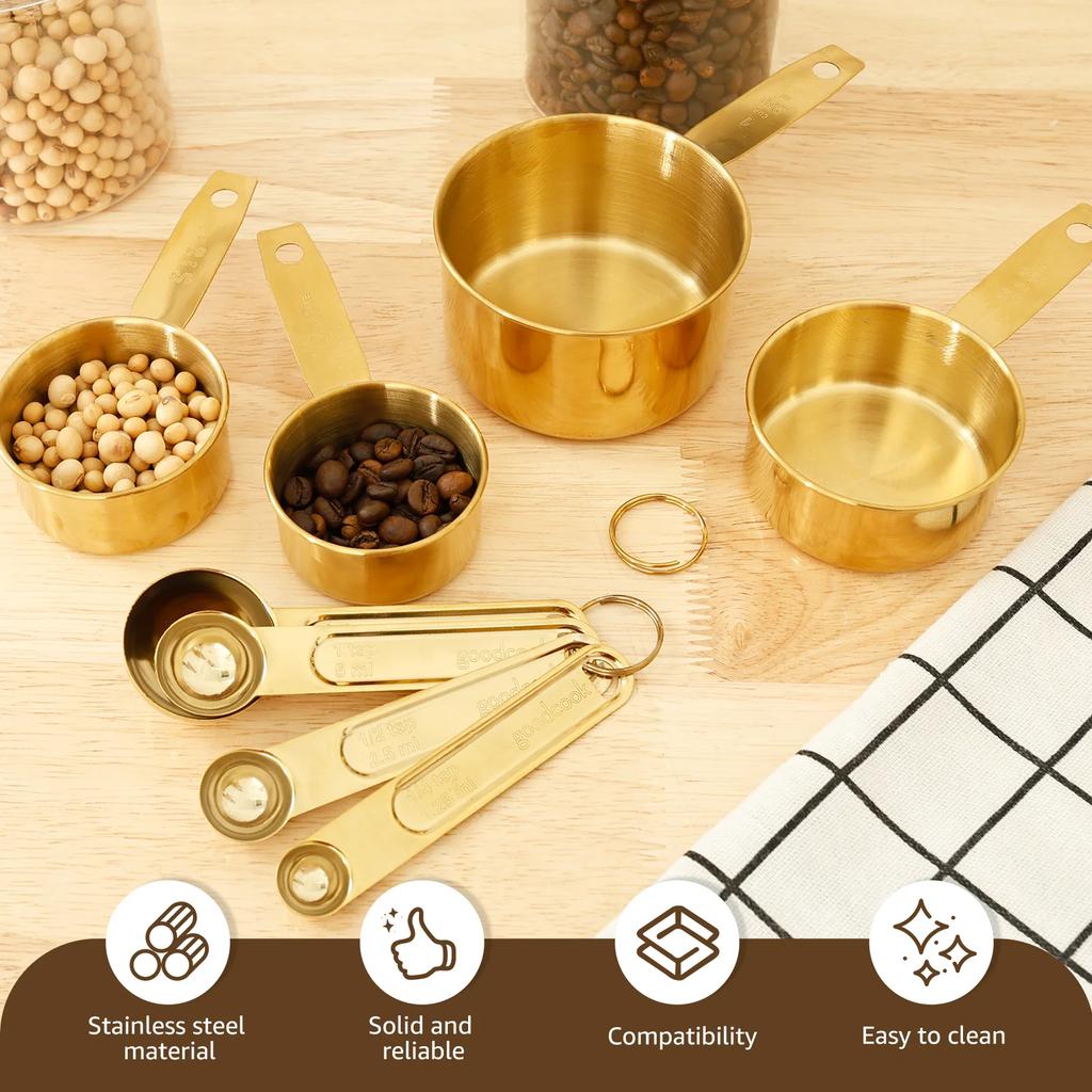 8 st rostfritt stål guld måttkoppar och skedar set köksredskap matsked och tesked för matlagning bakning krydda