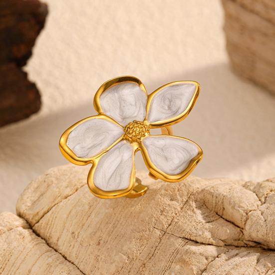 Finger Ring Five-Petal Flower Shape Open Adjustable Fit Women Ring Handcrafted Drip Glaze Enamel Metal Outline Middle Finger Band