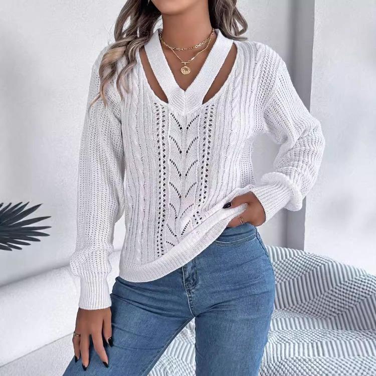 V Neck Women Winter Autumn Casual Long Sleeve Knit Sweater