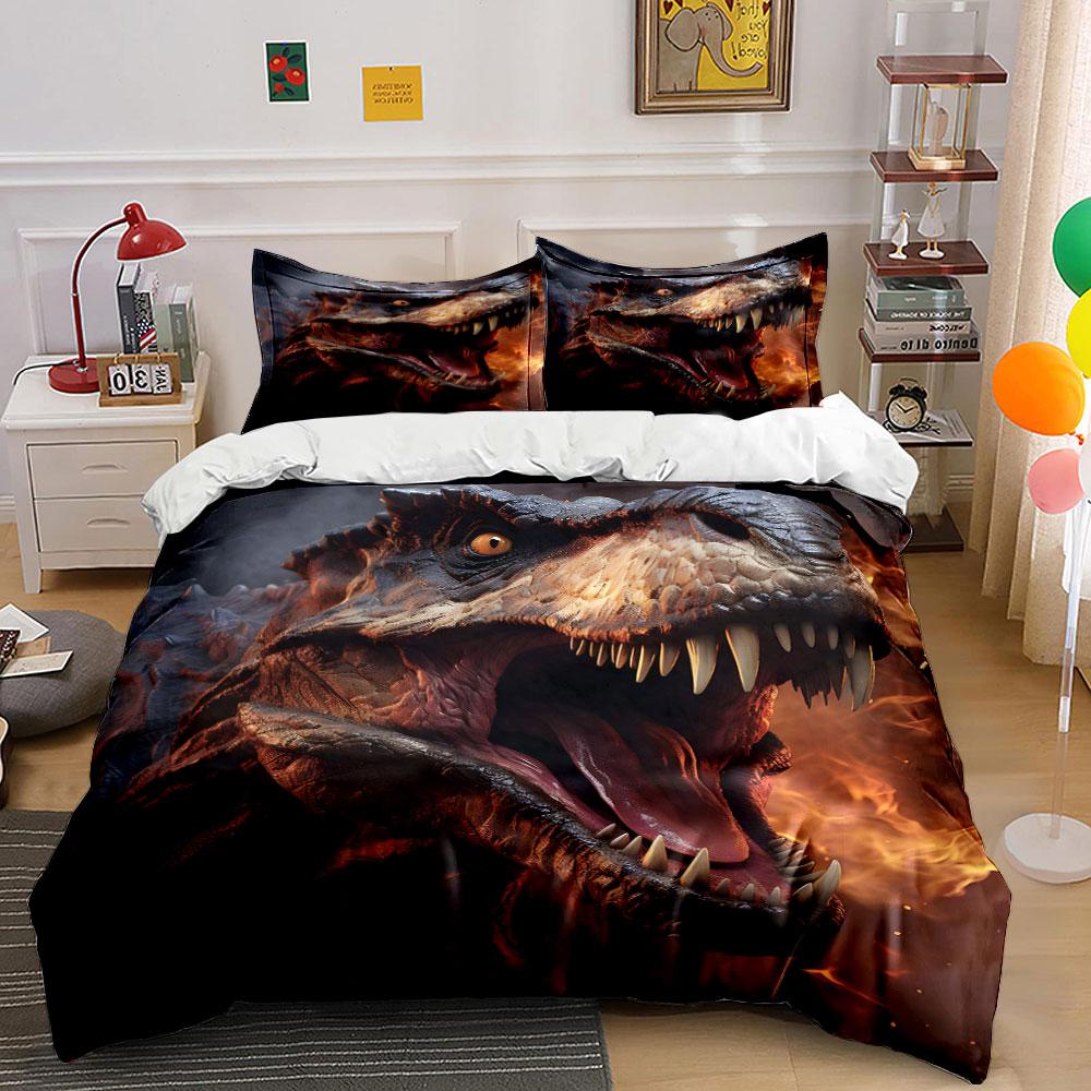 Roaring Dinosaur with Fiery Backdrop Print Bedding Set 1Duvet Cover 2 Pillowcases for Adult and Children Luxury Gift Full Size