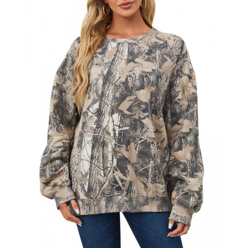 New Autumn and Winter Maple Leaf Print Round Neck Sweatshirt Pullover Hoodie Long Sleeve Women's Clothing