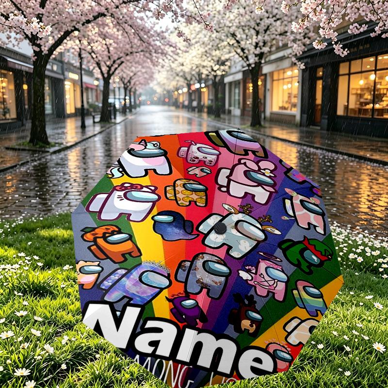Custom Name Personalized Among Us Print Umbrella, Auto Open Close, 8‑Rib Sturdy Frame, Commute Camping Hiking Use, Birthday Gift