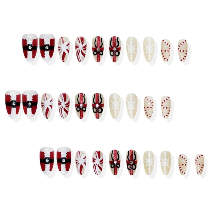 30 Pieces Holiday Press On nail Red White Striped Snowflake Design ABS Artificial nail Easy Application