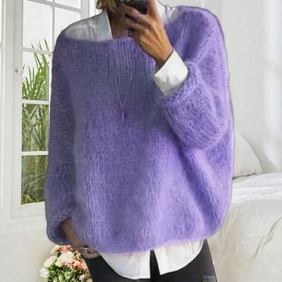 Women Sweater Round Neck Long Sleeve Loose Fit Knitting Tops Breathable Loose Hem Solid Color Knitwear