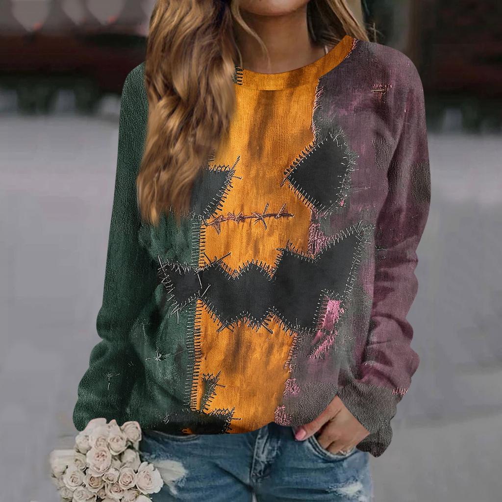 Women's Casual Long Sleeve Neck Halloween Print Sweatshirt Top