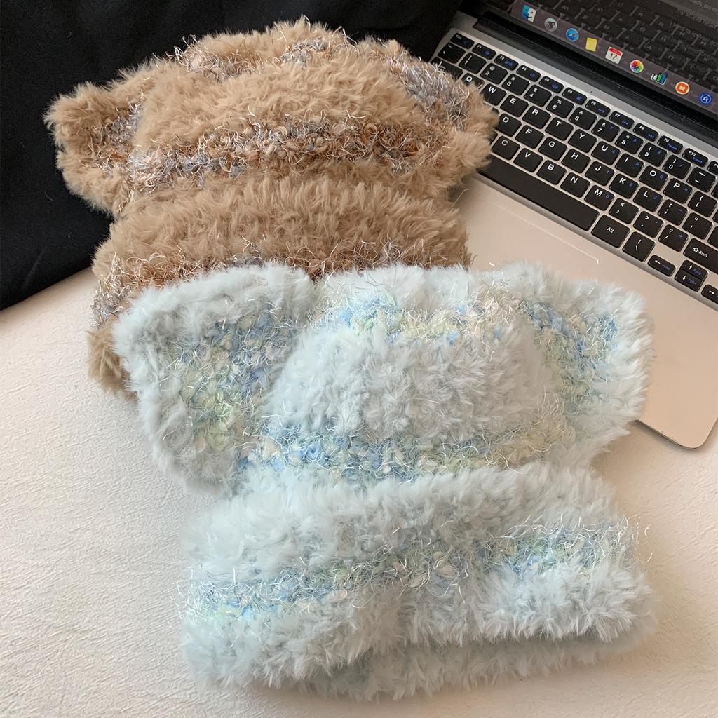 Autumn and winter cute mixed color striped cat ears plush knitted hat women's face small wool hat warm ear hat
