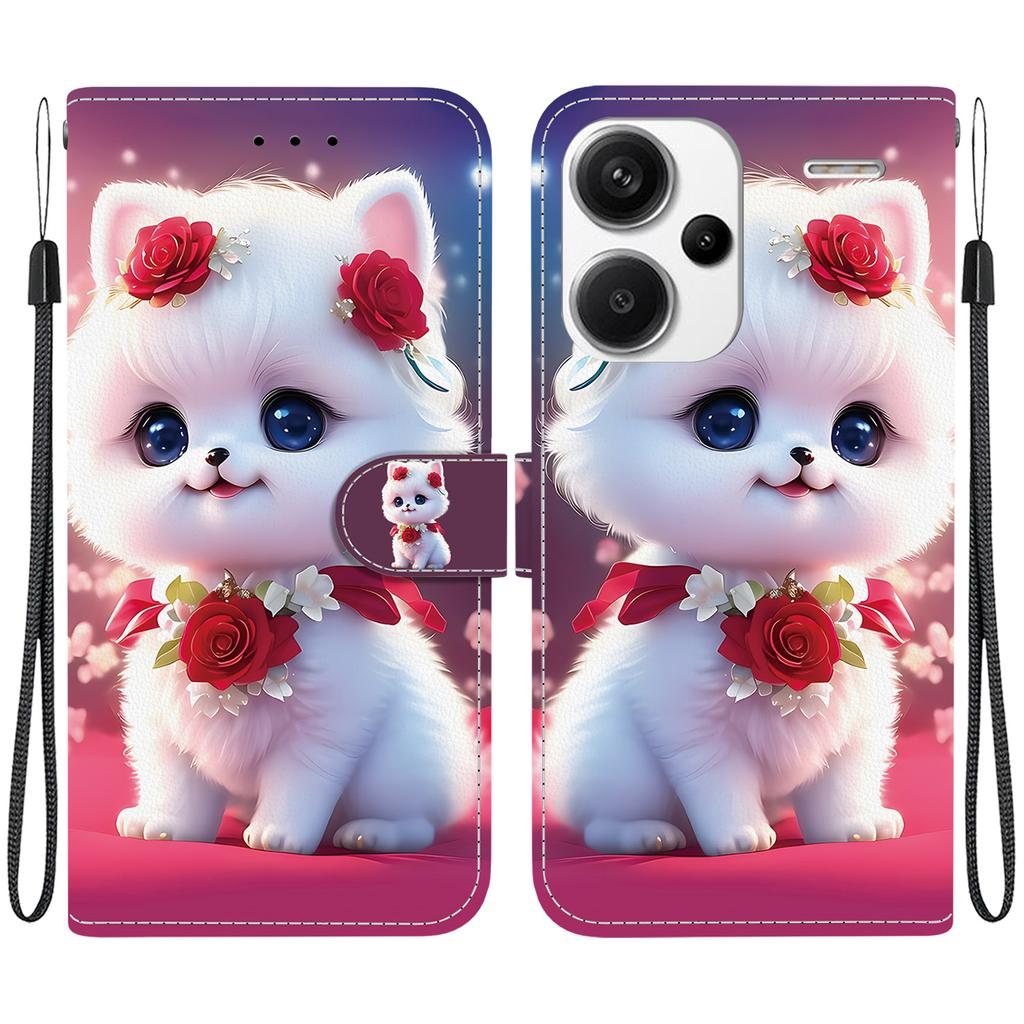 Handgefertigte PU-Leder-Klapphülle für Xiaomi Redmi Note 13 Pro+/ Note 13 Pro Plus 5G Rutschfeste Stoßfeste Hülle mit Handschlaufe & Herz/Rose Katze Designs
