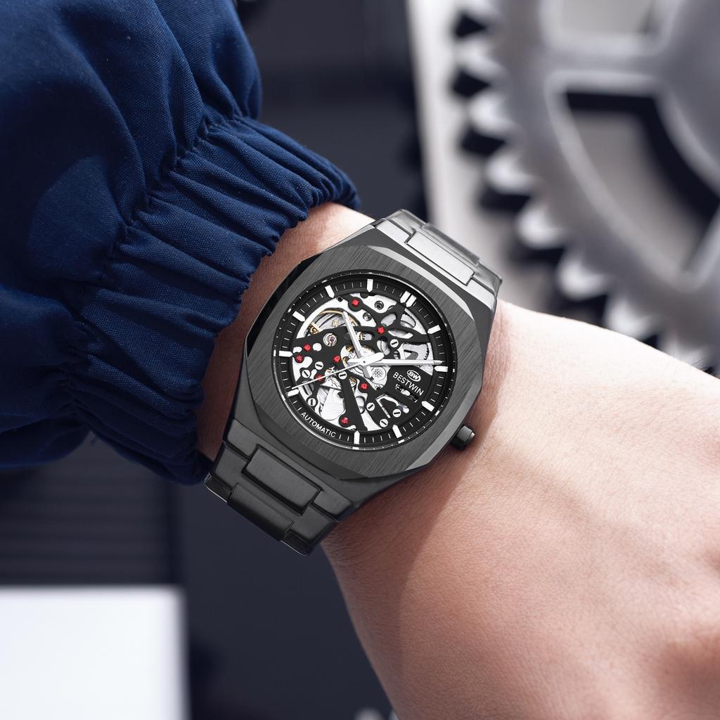 Automatic Mechanical Watches for Men Skeleton Hollow Dial Luminous Wrist Watch Steel Strap Square Case Watch Waterproof