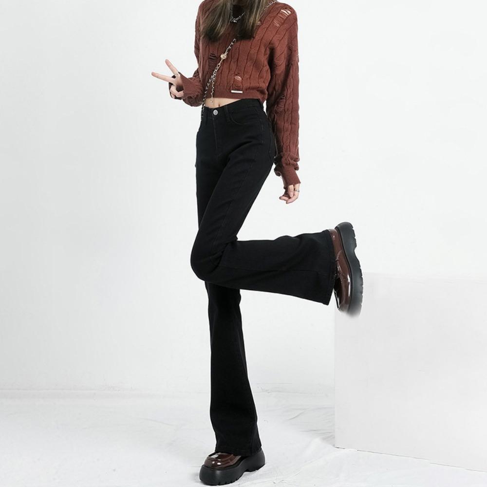 Personalized Versatile High-waisted Flared Jeans Women's Spring and Autumn New Slim-fitting and Thin Simple Fashion Micro-pull Pants