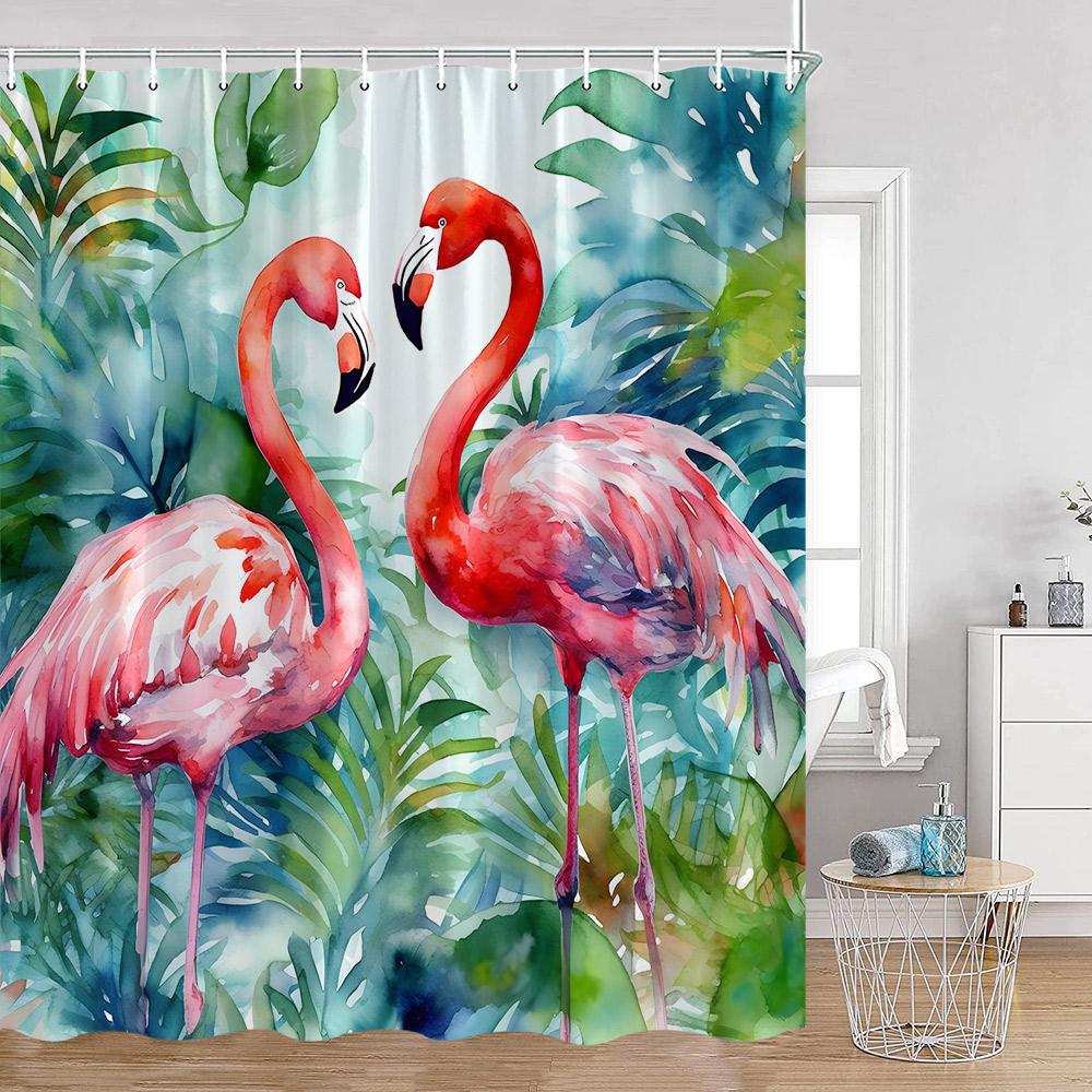 Flamingos Shower Curtains Tropical Leaves Pink Birds Green Plants Bathroom Curtain Polyester Fabric Home Decorations with Hooks