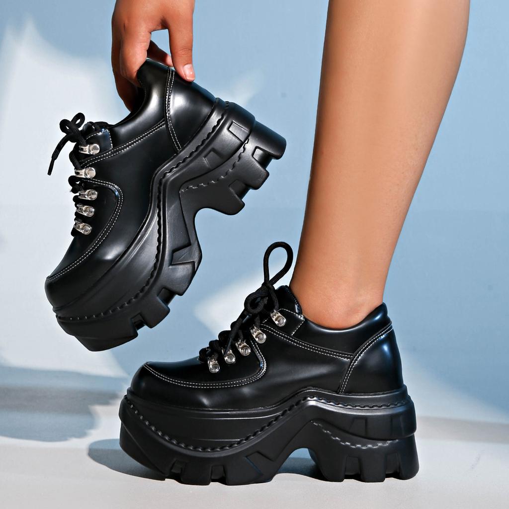 Large size high-heeled small leather shoes for women 2025 autumn new European and American small muffin thick-soled lace-up single shoes for women