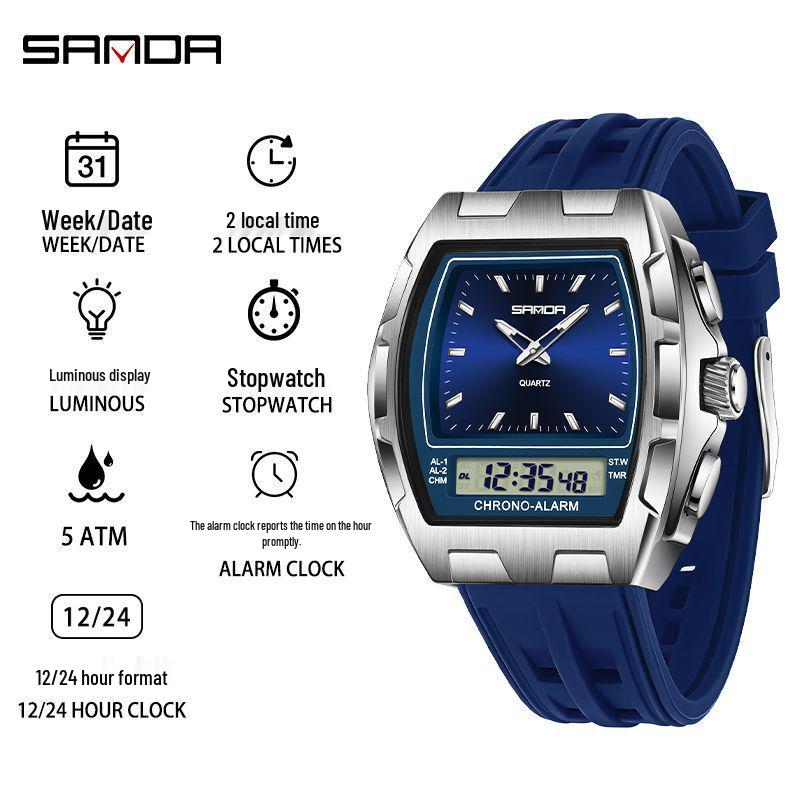 SANDA Men's Multifunctional Sports Watch - Dual Display, Waterproof, Casual & Versatile.