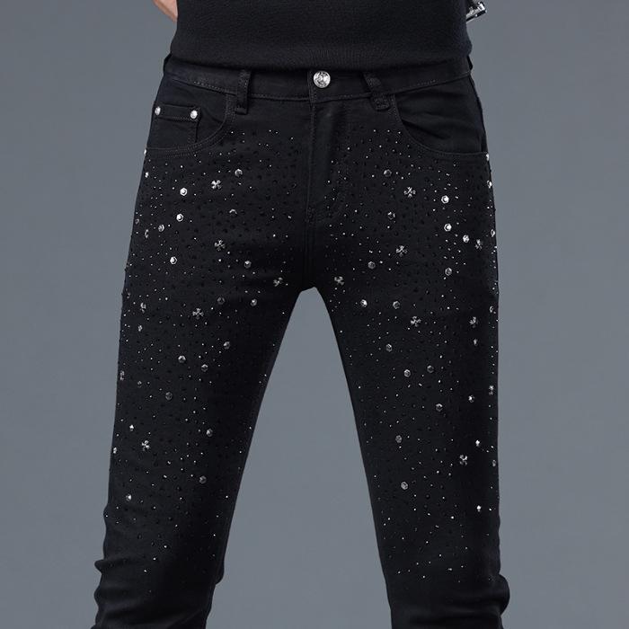 Men's Trendy High-End Black Slim-Fit Diamond Jeans - Stretch Casual Spring & Summer Style
