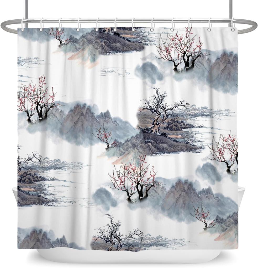 Japanese Ink Shower Curtain Fog Mountain Boat Wild Goose Natural Landscape Outdoor Bathroom Decoration Hook Shower Curtain