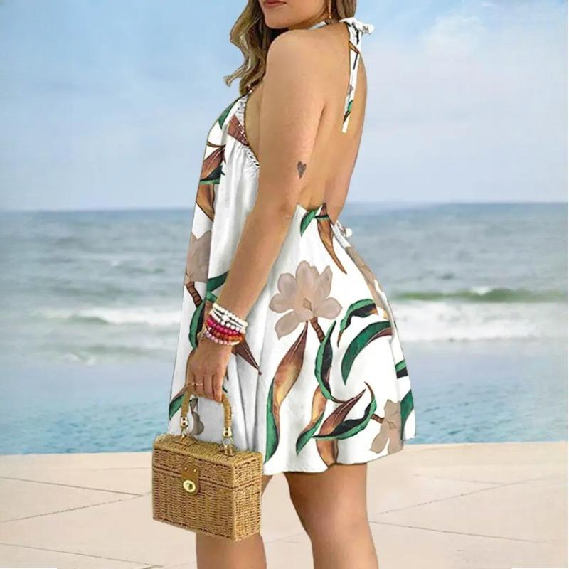 Women's Summer Strapless Hanging Neck Tie Loose Dresses