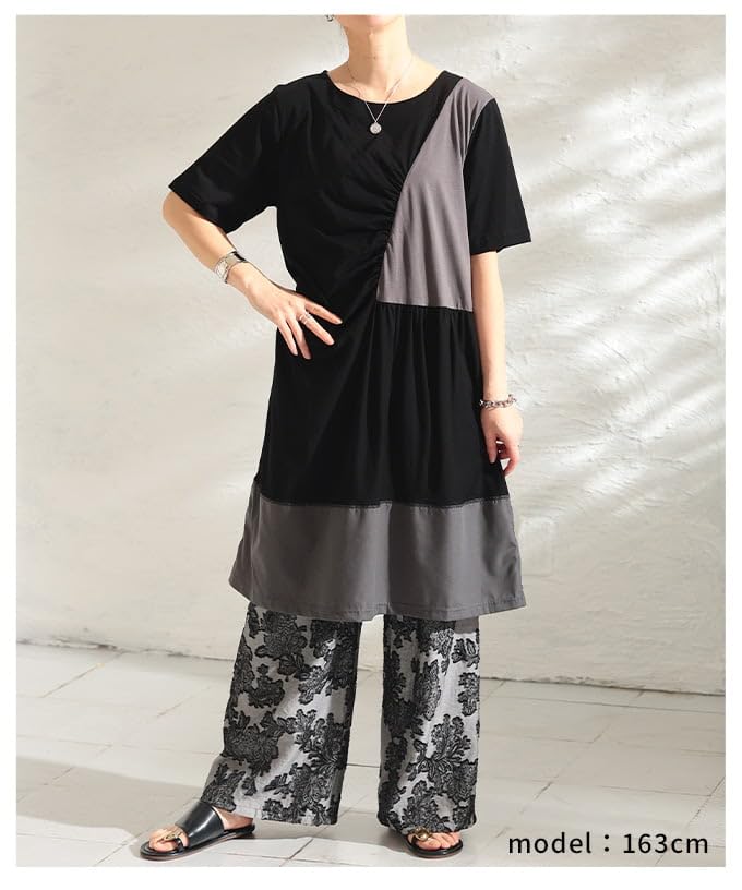 la color gathered design dress for flattering Free Black x [sawa á mode] Two-tone scheme, women. Short-sleeved, monochrome, asymmetrical, fit, casual,