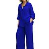 New Solid-color Collarless Shirt and Wide-leg Pants Set for Women - Loose-fitting Casual Long-sleeved Two-piece Set