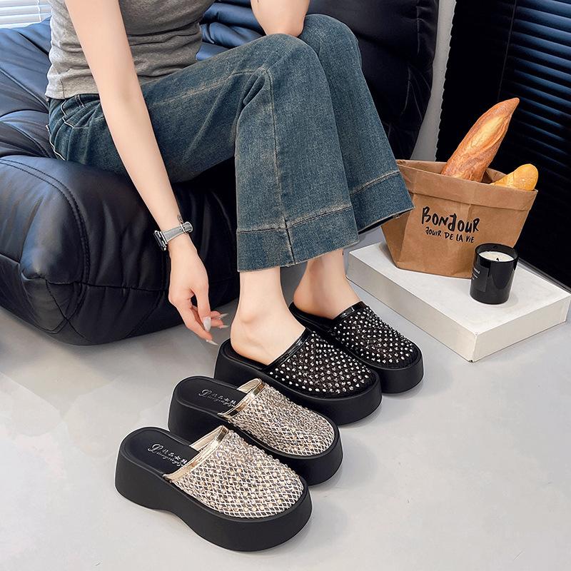 Baotou mesh breathable word with muffin bottom women's outer slippers solid color waterproof table square head casual Korean version sandals