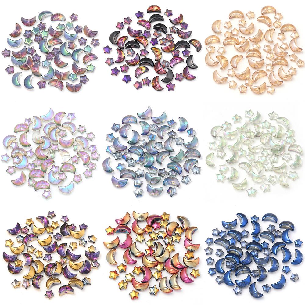 50Pcs Colored Crystal Glass Beads Mixed Star Moon Loose Pendant Beads For DIY Crafts Jewelry Handmade Earring Necklace Accessory