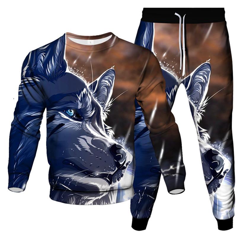 Spring Autumn Dazzle Wolf 3D Print Sportswear Set Casual T Shirt Pants 2-Piece Set Oversize Pullover Hip Hop Unisex Clothing