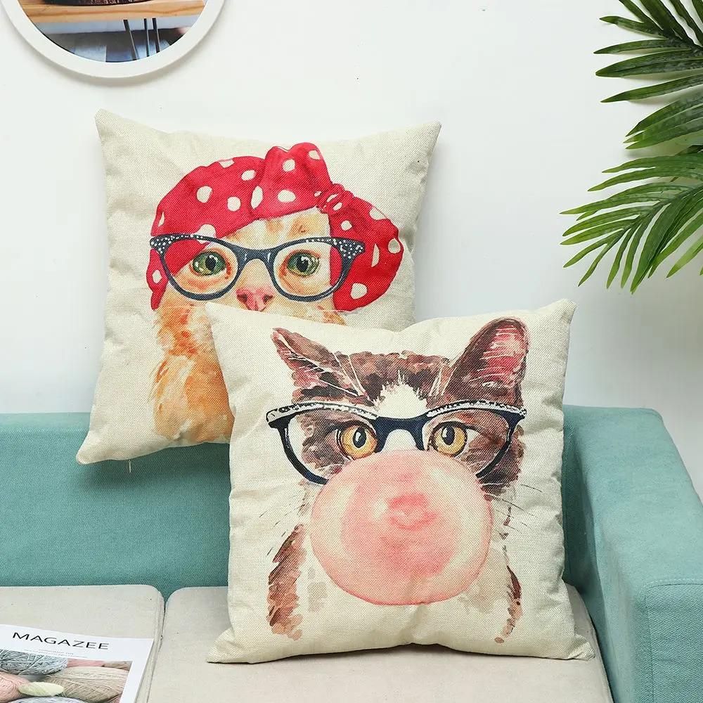 Cute Cat Cushion Cover Pet Animal Print Pillowcase Home Decor Car Bed Pillow 45x45cm