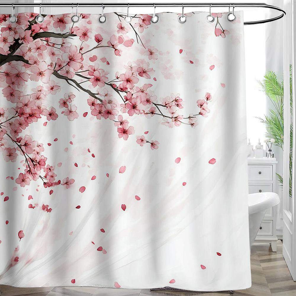 1pc Pink Plum Blossom Flower Print Waterproof Shower Partition Privacy Hanging Curtain with Hooks Multiple Size Machine Washable