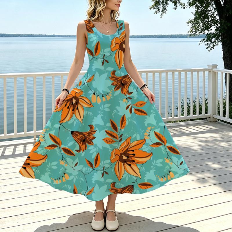 Sleeveless Maxi Dress Summer Casual Lightweight Flowy Dress,Full Flared Skirt,Fresh Style,Flattering for Vacation & Daily Wear,Versatile Fashion