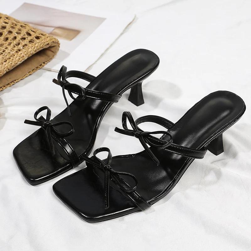 

Fashion Zoki Elegant Bowknot High Heels Sandals Women Square Toe Design Thin Heels Slippers Woman Fashion Slip On Party Shoes Female 42 чёрный