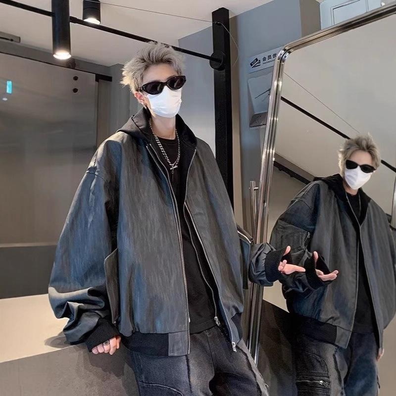 European and American hiphop fake two-piece coat men's spring and autumn trendy brand ruffian handsome hooded baseball jersey bomber jacket leather ja