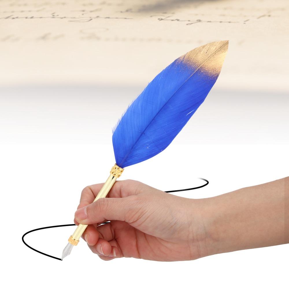 Blue Feather Pen Kit 24cm/9.4in Quill Pen Set Portable Feather Pen Box Writing Practice