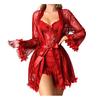Women's 2 Piece Mesh Pajamas Set, Lace Cami Nightgown with Kimono Robe Nightwear Set, Babydoll Chemise Sheer Sleepwear