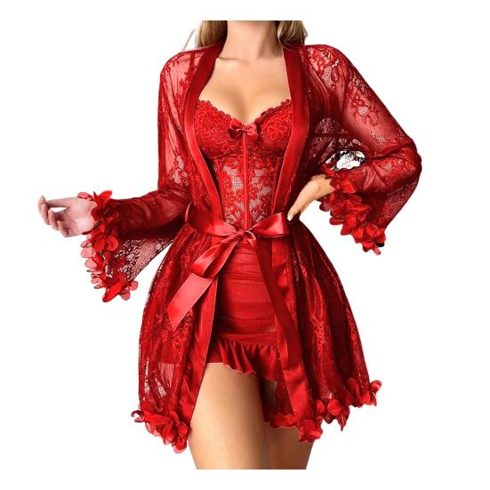 Women's 2 Piece Mesh Pajamas Set, Lace Cami Nightgown with Kimono Robe Nightwear Set, Babydoll Chemise Sheer Sleepwear