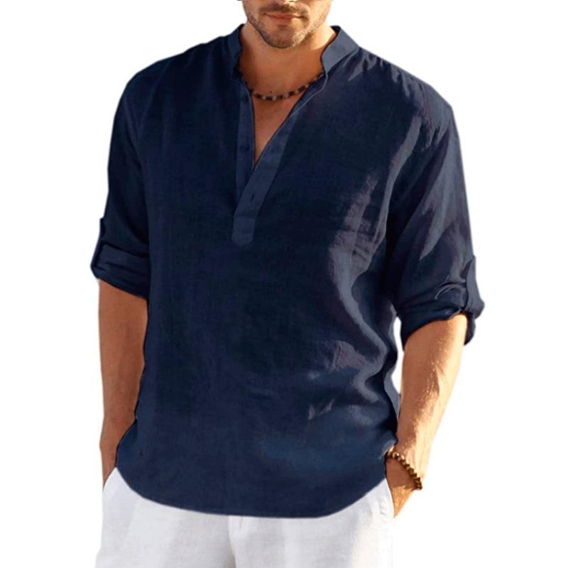 T-shirt di Lino da Uomo Top Largo Tinta Unita Maniche Lunghe Camicia di Cotone Lino