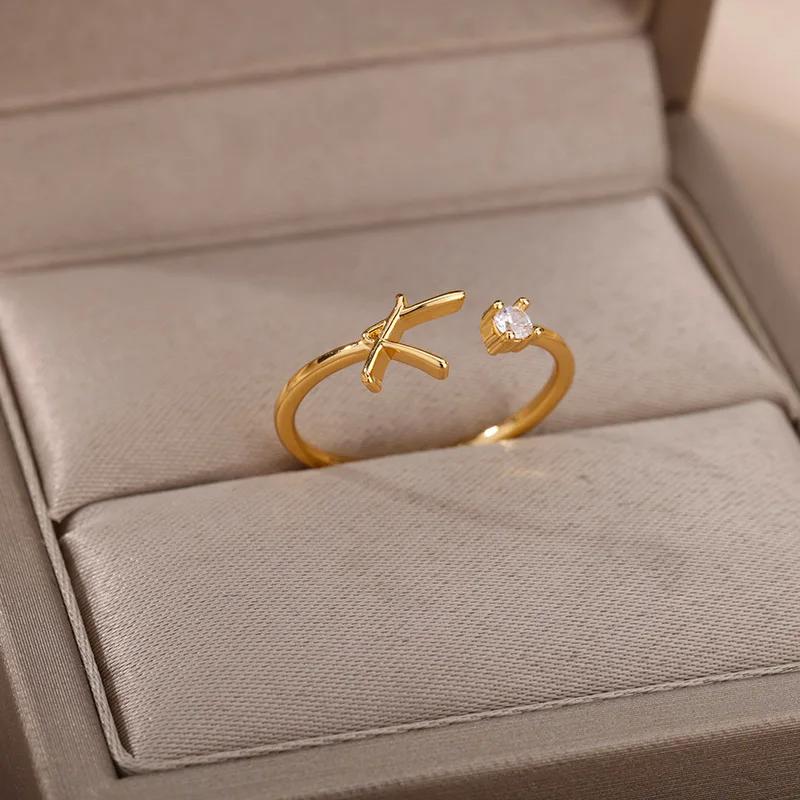 Tiny Initial Letter Rings For Women Stainless Steel A-Z Letters Adjustable Ring Female Christmas Aesthetic Jewelry
