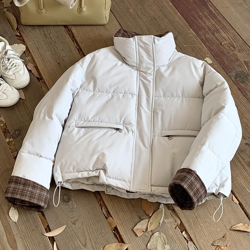 

Women s new plaid stand-up collar cold and windproof lightweight thickened fluffy warm loose high-quality fabric casual sports cotton clothing S