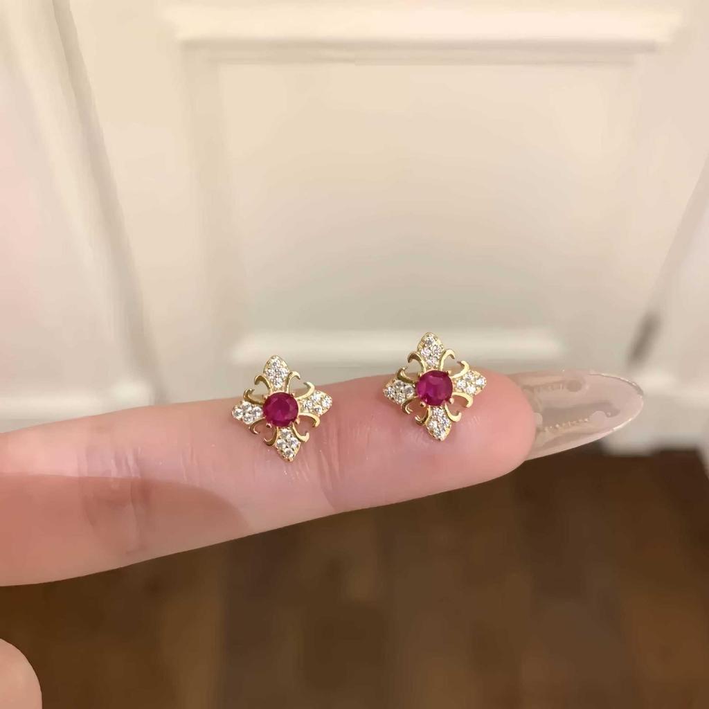 18K Gold-Plated Sterling Silver Stud Earrings with Red Diamond, Women's Versatile French Style Ear Jewelry.