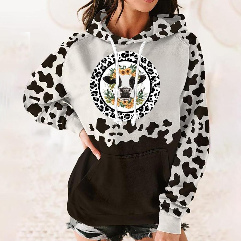Ladies Casual Fashion Long Sleeve Printed Loose Round Neck Hooded Sweater