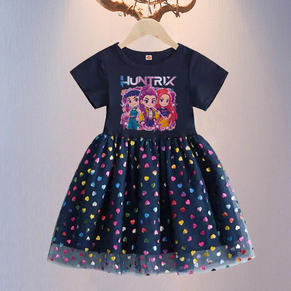 Cute Huntrix Girls Short Sleeve Dress Cartoon Band Print Colorful Heart Tulle Skirt Kids Casual Princess Tutu Dress for Daily Holiday Birthday Party
