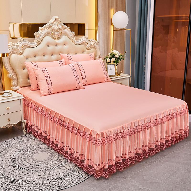 3pcs Embroidery Lace Skirt Style Fitted Sheet Set, All Seasons Universal Elastic Non-slip Bedding Set, Skin-friendly Soft Comfortable Fitted Sheet Set