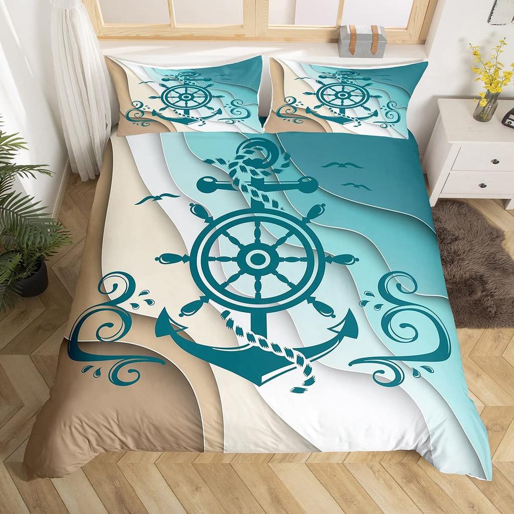 Vintage Anchor Duvet Cover Twin King, Nautical Theme Bedding Set Sailing Boat Sea Turtle Bed Cover, Compass Starfish Quilt Cover