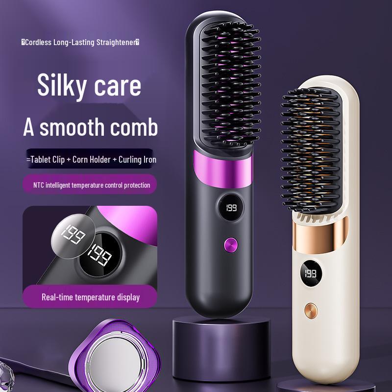 Wireless USB Charging Straightening Comb - Digital Display Flat Iron & Travel Portable Curler