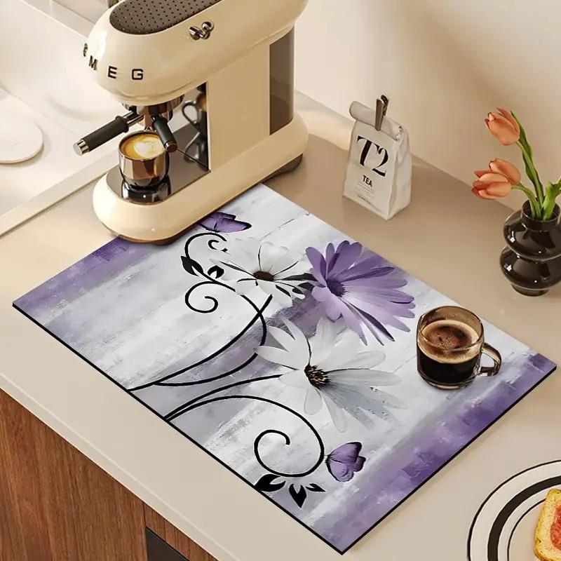 Rustic Floral Kitchen Counter Dish Drying Mat Super Absorbent Quick-Dry Non-Slip Rubber Backing Stain-Hiding for Coffee Machines