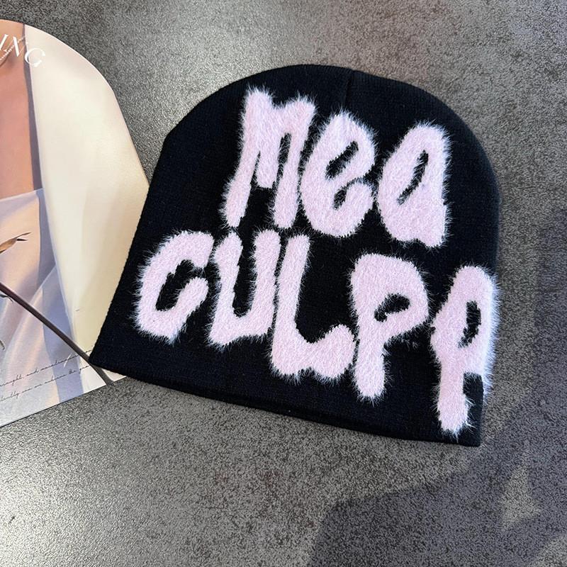 Street Letter Style Pattern Neutral Plush Casual Knitted Hat For Fall And Winter