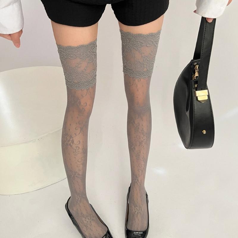 Vintage Colorful Patterned Over Knee Socks Floral Lace Trim Fishnet Mesh Stretchy Nylon Thigh High Stockings For Women