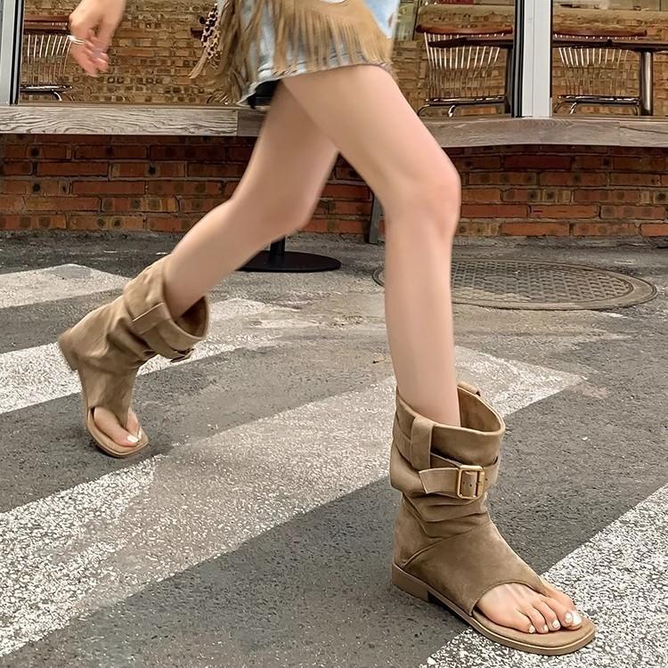 Boots women's summer 2025 high-end toe cool boots women's open-toe stacking boots thick-soled heightening western cowboy short boots