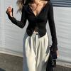 VAYLA Women T-shirt Spring Autumn Clothes Ribbed Knitted Long Sleeve Crop Tops Zipper Design Tee Sexy Female Slim Black White Tops