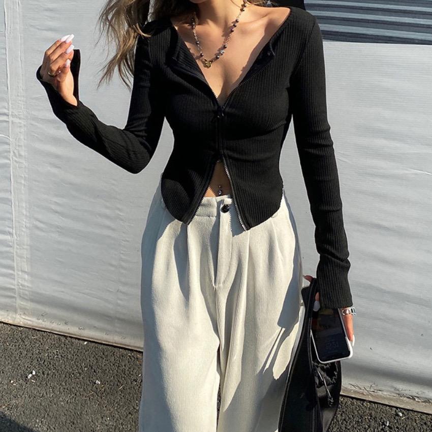 VAYLA Women T-shirt Spring Autumn Clothes Ribbed Knitted Long Sleeve Crop Tops Zipper Design Tee Sexy Female Slim Black White Tops