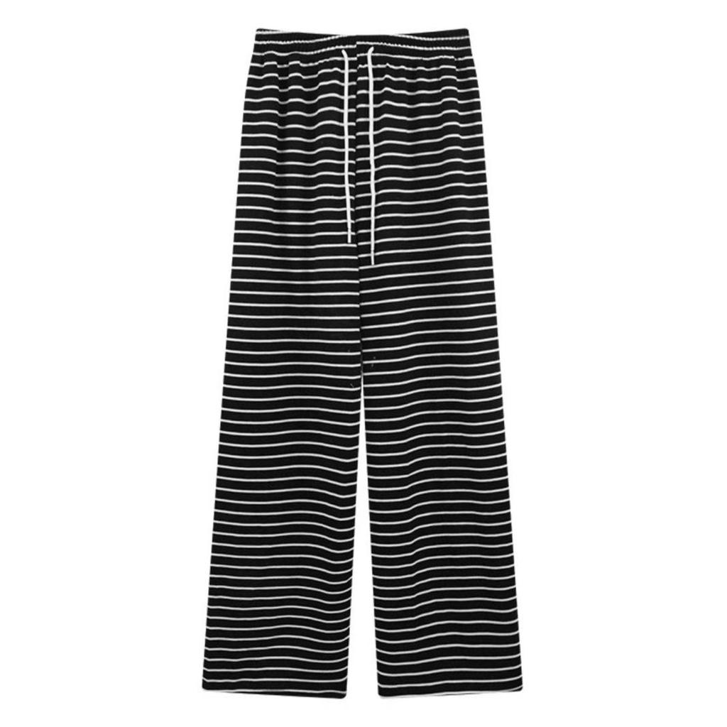 Women's High-Waisted Striped Drawstring Pants, Petite Size, Soft Wide-Leg, Perfect for Spring and Autumn